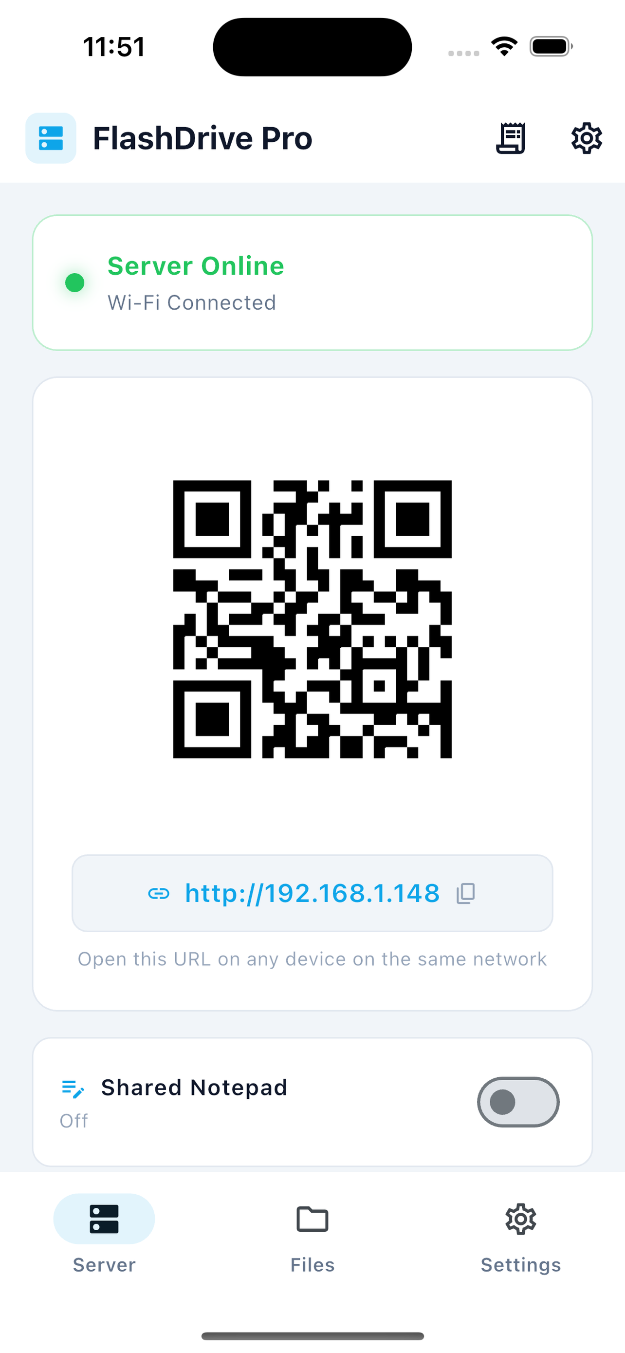 FlashDrive Pro app running on iPhone showing file browser